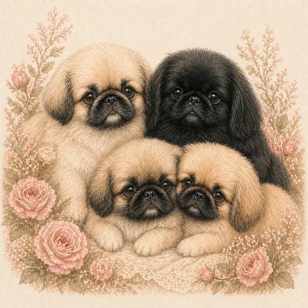 14 family Pekingese together