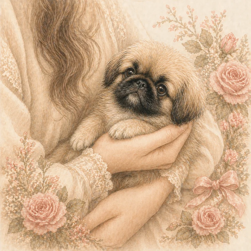 The story begins — a Pekingese held with care